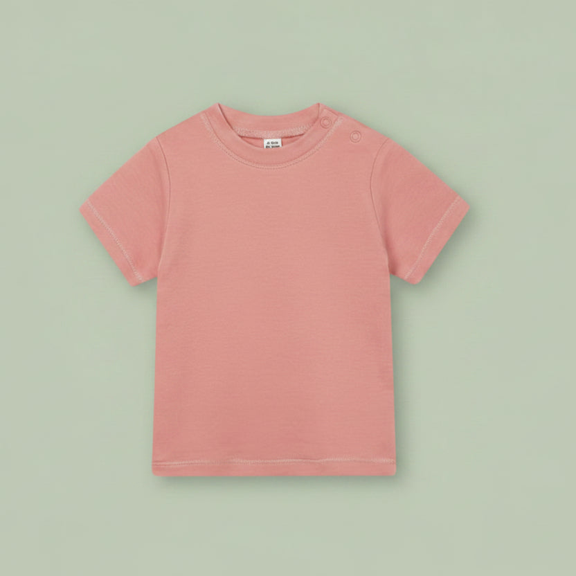 A short-sleeve crewneck cotton baby t-shirt in a dusty rose pink colour