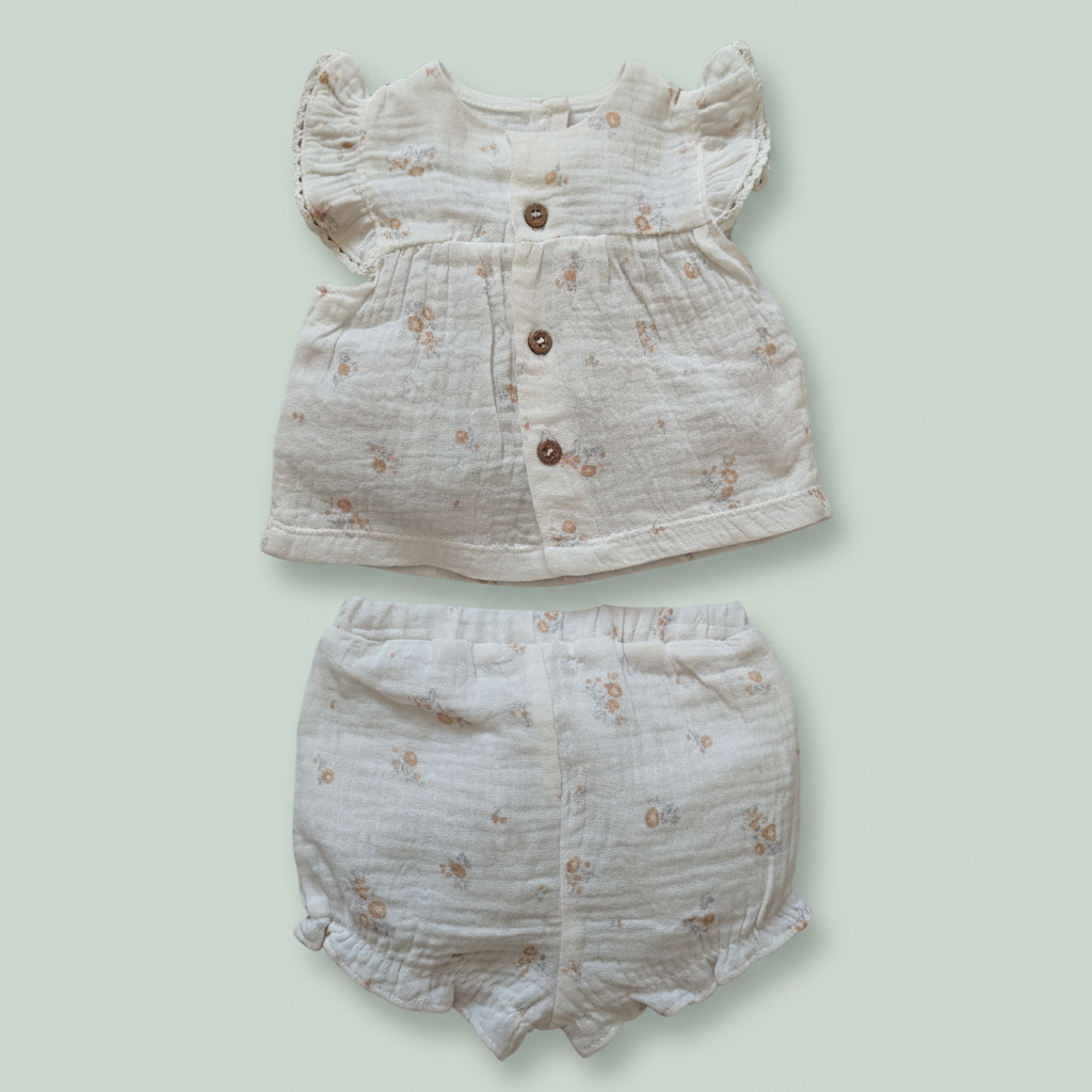 Baby outfit set with top and shorts on a light green background