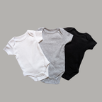 Three short-sleeve cotton baby bodysuits in white, heather gray, and black..