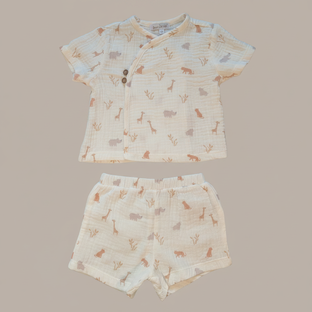 Children's outfit with patterned shirt and shorts on a beige background