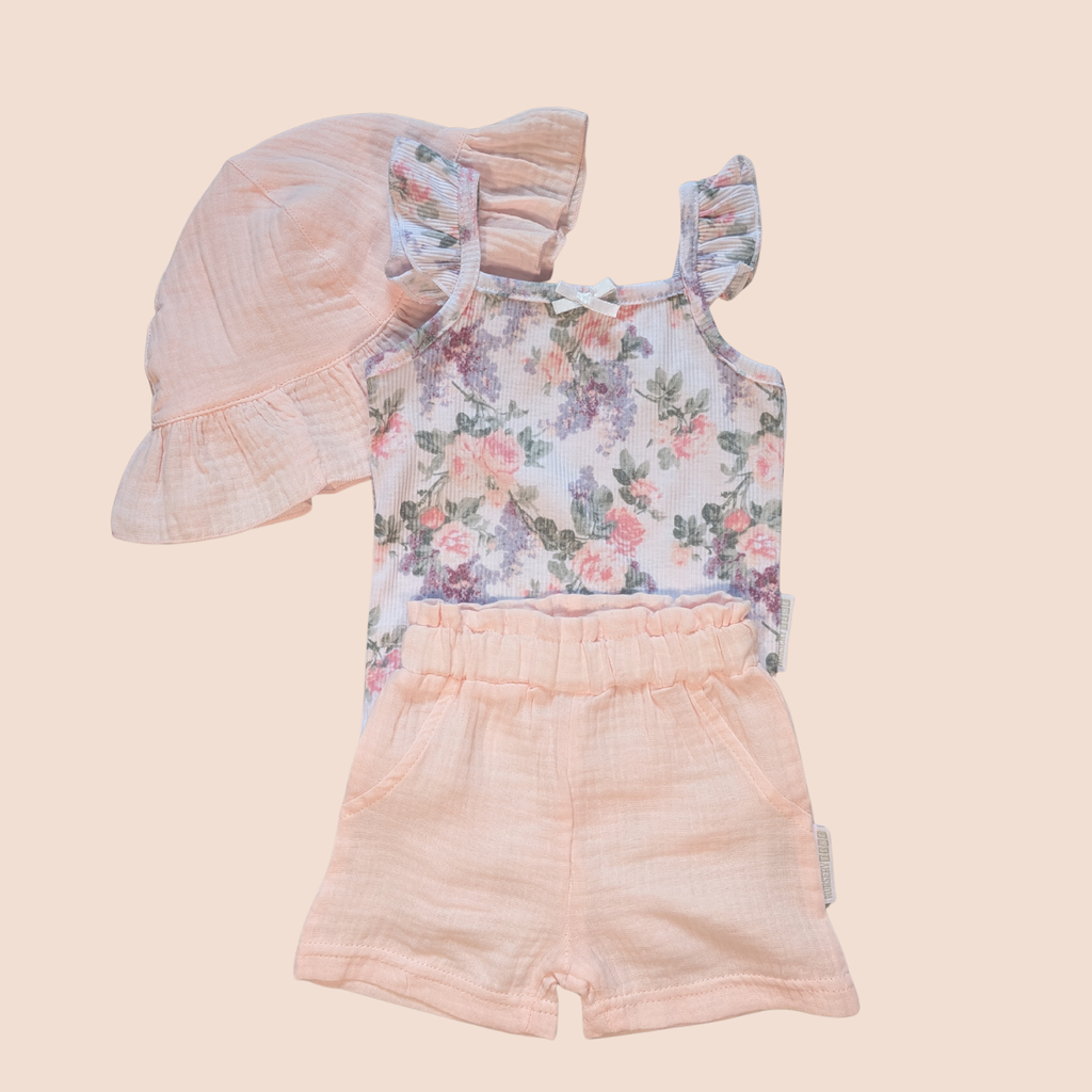 Floral Bodysuit, Shorts + Sun Hat