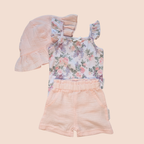Floral Bodysuit, Shorts + Sun Hat