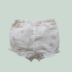 White baby shorts with floral pattern on a light green background