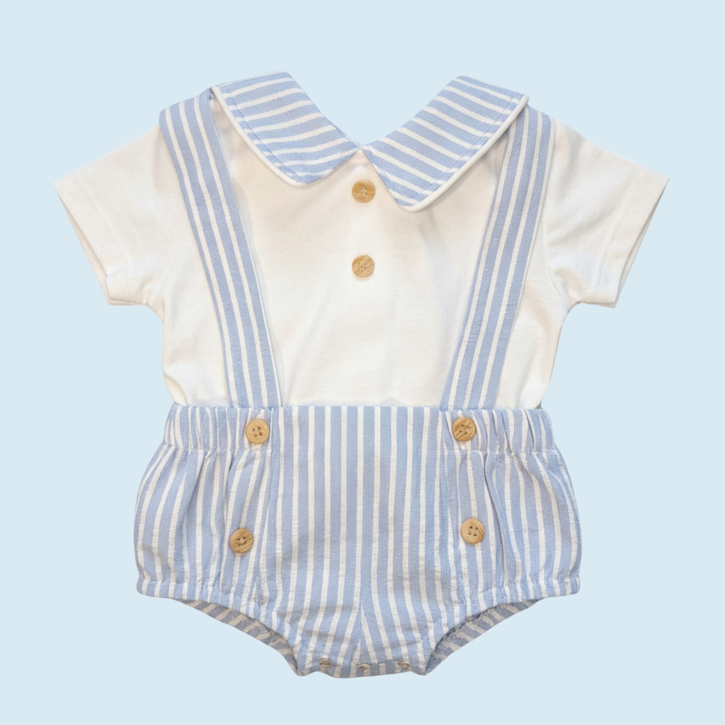 Blue and White Striped Cotton Dungarees + Matching T-Shirt