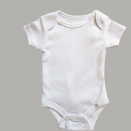 A white cotton short-sleeve baby bodysuit with a crew neck and snap closures at the crotch