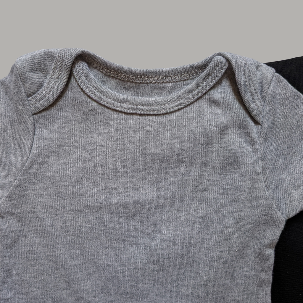 Light grey short-sleeve cotton baby bodysuit crew neck collar