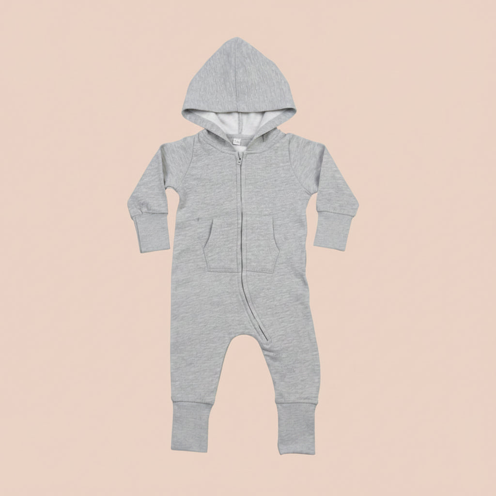 A light grey baby hooded all-in-one with a front zipper, long sleeves, and cuffed legs