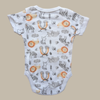 Baby bodysuit with a white base and an all-over safari animal print including zebra, lion, insect, and bird motifs in grey, black, orange, and beige.