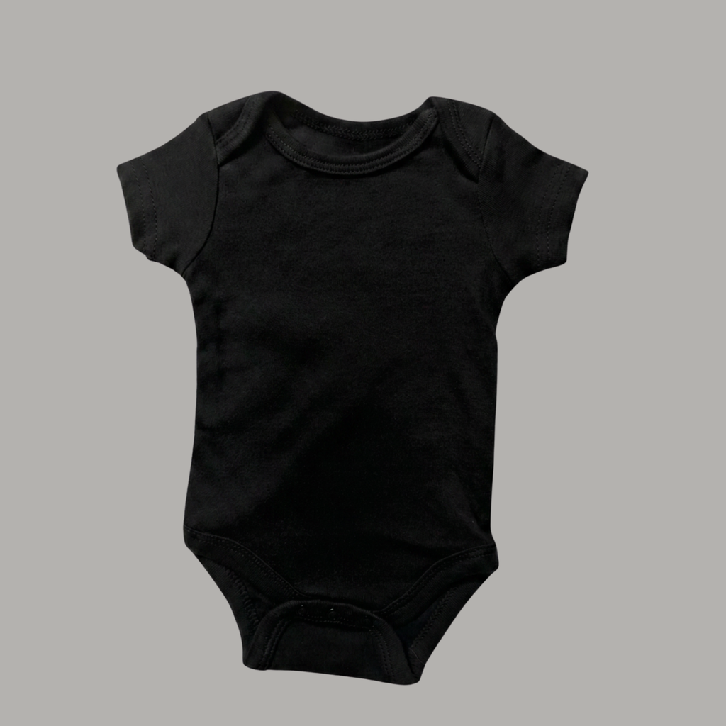 A plain black short-sleeve cotton baby bodysuit with a crew neck and snap crotch
