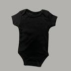 A plain black short-sleeve cotton baby bodysuit with a crew neck and snap crotch