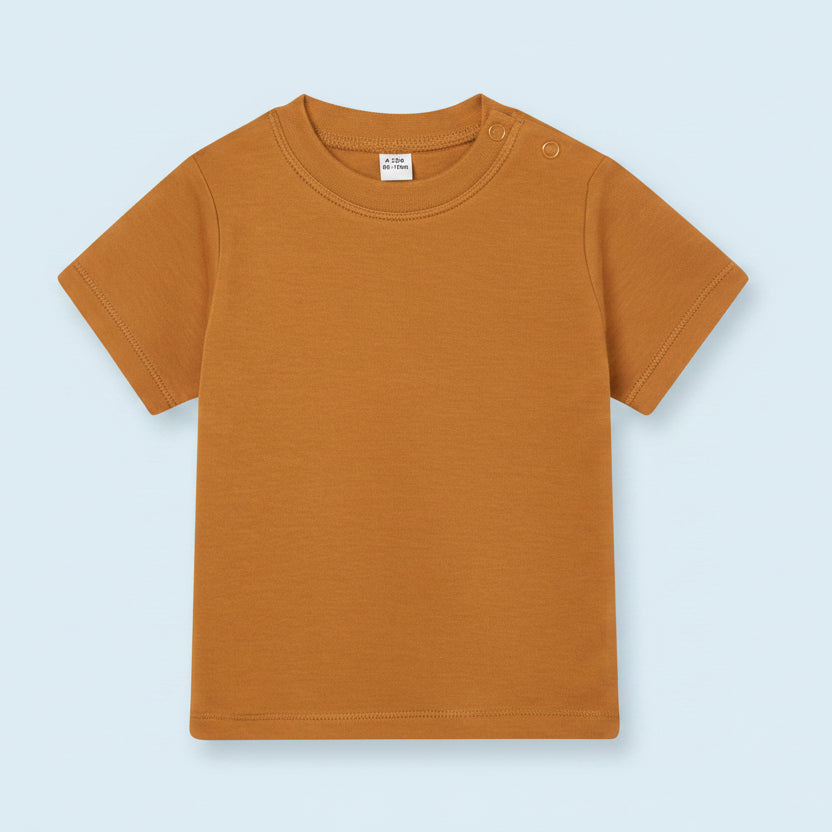 A short-sleeve crewneck cotton baby t-shirt in a terracotta colour