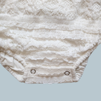 Close-up of a white lace baby bodysuit with ruffled trim and textured embroidery showing two poppers at closure