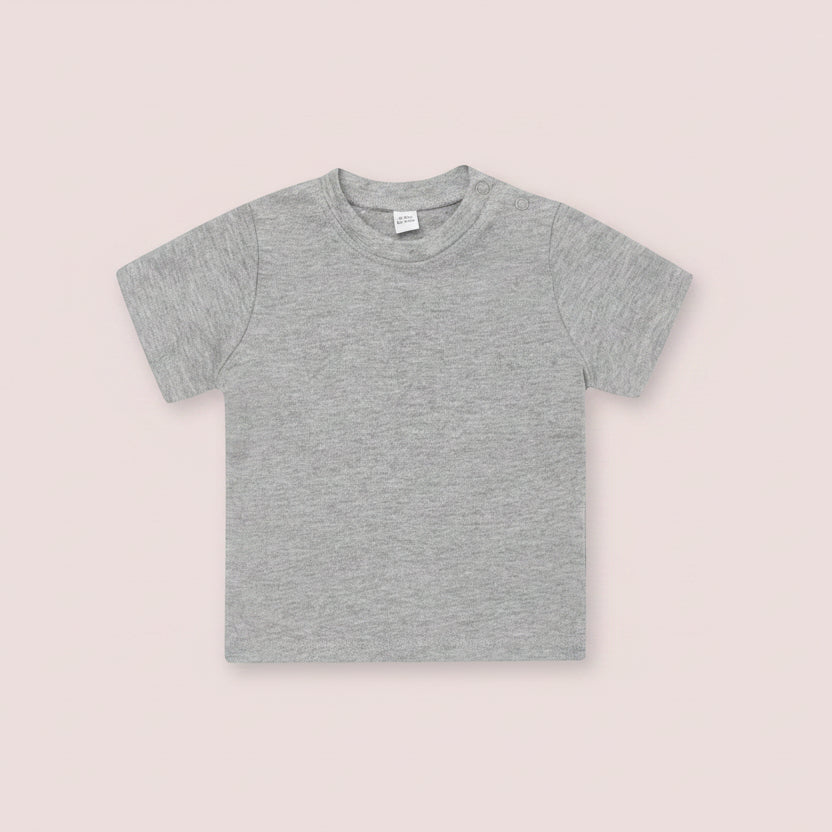 A heather grey short-sleeve cotton baby t-shirt